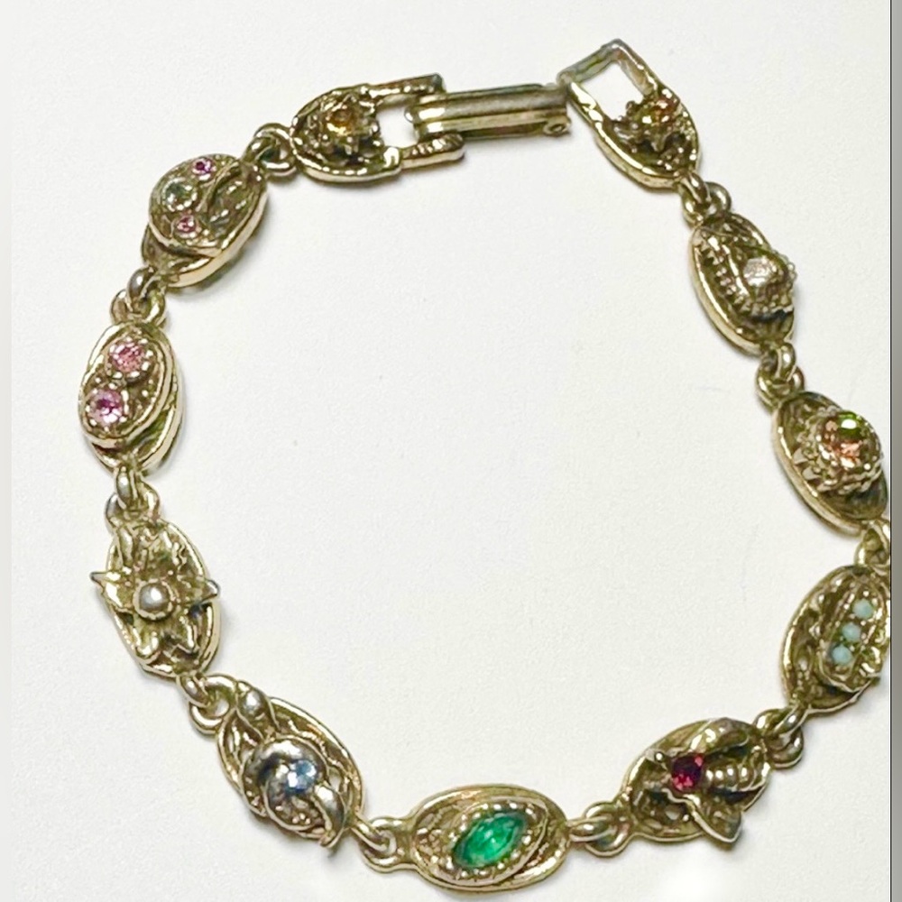 Vintage Goldette Multi-Stone Link Bracelet – 1950s Victorian Revival
